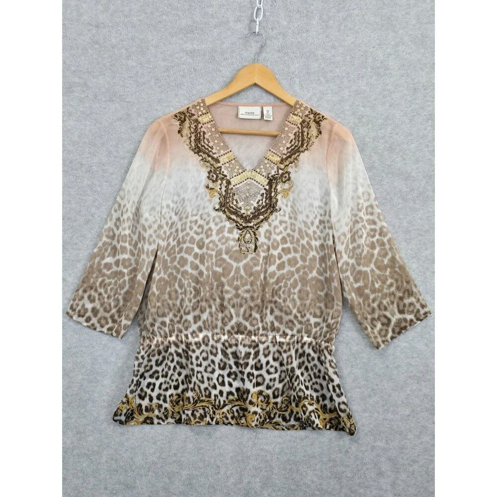 Chicos 0 Small Nakota Ombre Leopard Print Gold Sequin Sheer 3/4 Sleeve Tunic Top